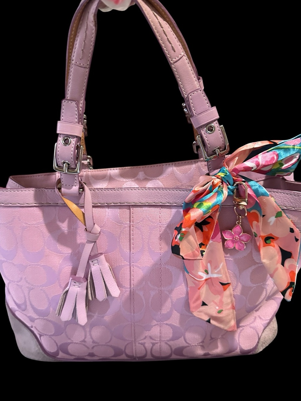 Coach Pink Signature Jacquard Tote with Floral Scarf Accent - Picture 4 of 15